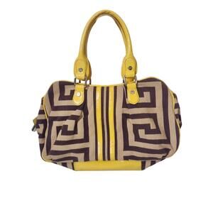 Vintage BHODI ‘GEO’ Greek Key Fabric Satchel Yellow beige brown